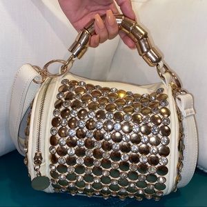 white leather hangbag with rhinestone gems